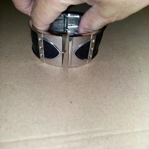 Zawadi black Ostrich Leather Swarovski Crystal Wide Clamper Bracelet - Picture 6 of 6